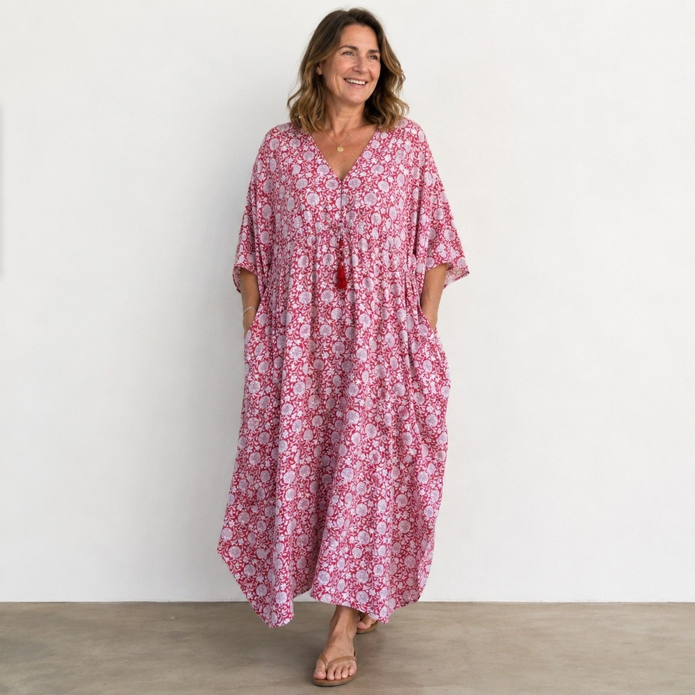 Anokhi Dress Free Size OS Pink Block Floral Cotton Kaftan Boho Pocket Resortwear